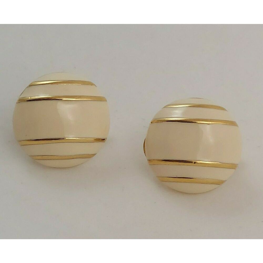 Vintage Monet White Cream Enamel Round Button Clip Earrings Gold Tone Signed